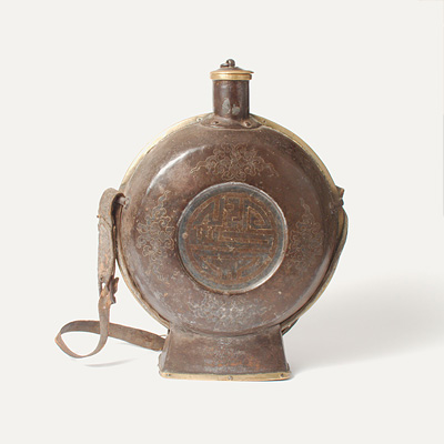An iron pilgrim flask and cover (side view, other side view), Eastern Tibet, probably Chamdo, 18th century