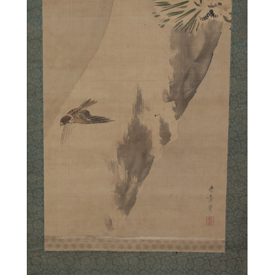 Hanging scroll painting of a sparrow, by Nakajima Raisho (1796-1871) (close-up 2), Japan, 