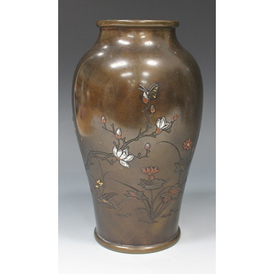 Exhibition quality mixed metal and bronze vase, by Yoshida Yasubei, Japan, Meiji era, circa 1880