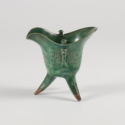 Rare green glazed biscuit fired porcelain shaped libation cup (Side view 1), China, Kangxi, early 18th century