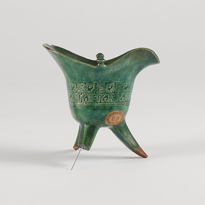 Rare green glazed biscuit fired porcelain shaped libation cup (Side view 2), China, Kangxi, early 18th century