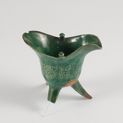Rare green glazed biscuit fired porcelain shaped libation cup (Side view 4), China, Kangxi, early 18th century