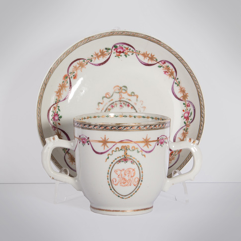 Famille rose export porcelain chocolate cup and saucer, China, Qianlong period, circa 1760