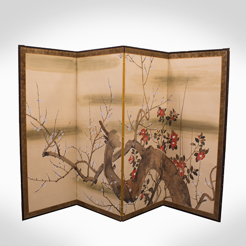Four-fold screen of flowering plum and camelia, after Suzuki Kiitsu, Japan, early 20th century