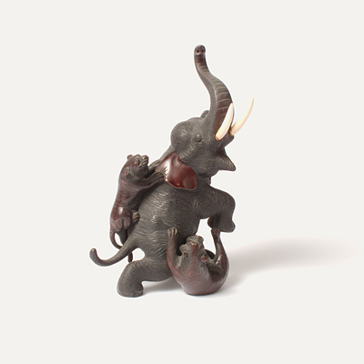 Bronze figure group of an elephant fighting tigers , Japan, Meiji Period, 19th century