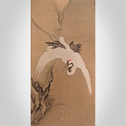 Crane flying across the mountains, by Wen Cheng (Chinese, 15th century), Japan, 