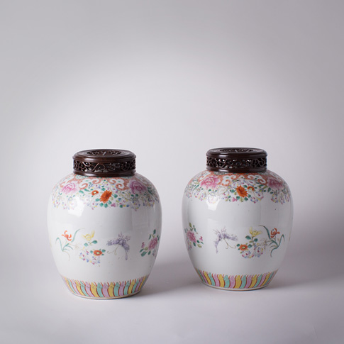 Pair of famille rose jars, China, early 20th century