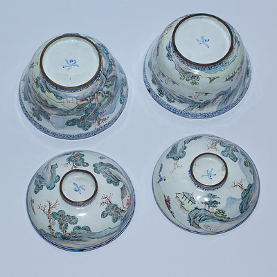 Pair of painted enamel tea bowls and covers (tops and bottoms), China, Jiaqing, early 19th century