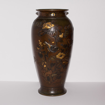 Mixed metal inlaid bronze vase
 (side 2), Japan, Meiji period, circa 1880