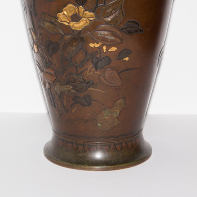 Mixed metal inlaid bronze vase
 (close-up of base), Japan, Meiji period, circa 1880