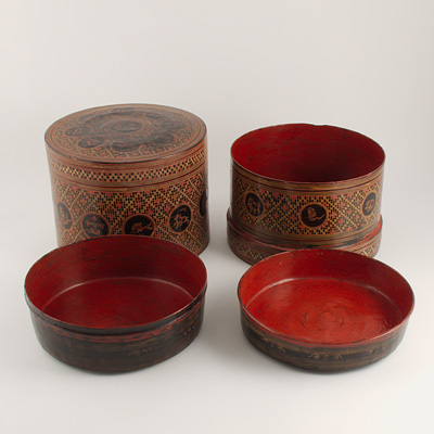 Lacquer food container (Top and bottom sections, plus 2 internal trays), Burma, 19th century