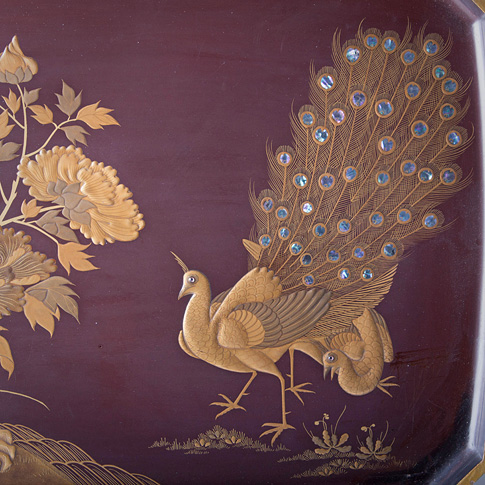 Lacquer Peacock tray (close-up), Japanese, Meiji Era, late 19th century