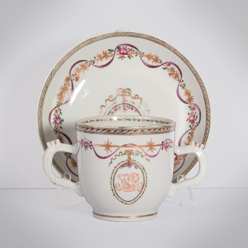 Famille rose export porcelain chocolate cup and saucer, China, Qianlong period, circa 1760 Famille rose export porcelain chocolate cup and saucer, China, Qianlong period, circa 1760