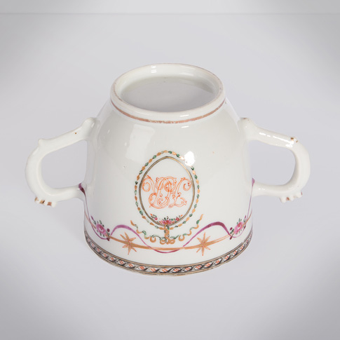 Famille rose export porcelain chocolate cup and saucer (cup base), China, Qianlong period, circa 1760