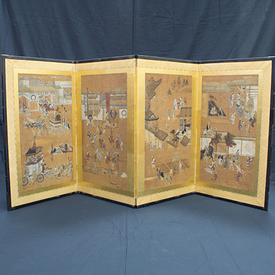 Four-fold screen of street scenes, Japan, early 20th century Four-fold screen of street scenes, Japan, early 20th century